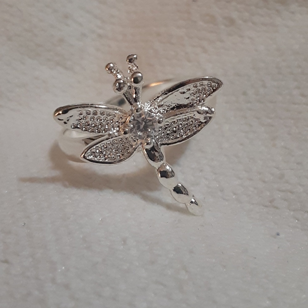Sterling silver plate dragonfly rhinestone ring